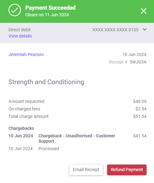 Chargeback details shown on receipt